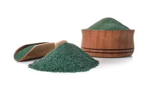 Composition with spirulina algae powder on white background Foto stock
