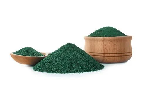 Composition with spirulina algae powder on white background Foto stock