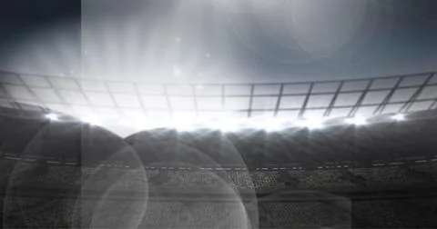 Composition of spotlights over empty stands in sports stadium Illustrazione stock