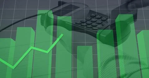 Composition of statistics and data over man paying with credit card over payment Illustrazione stock