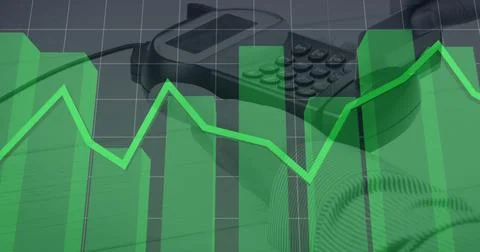 Composition of statistics and data over man paying with credit card over payment Stock Illustration