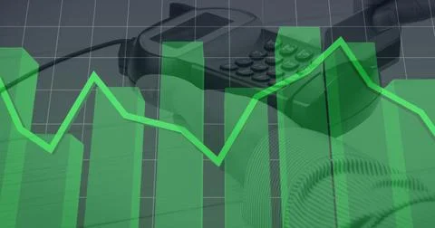 Composition of statistics and data over man paying with credit card over payment Illustrazione stock