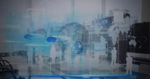 Composition of statistics and data processing over globe and world map with Stock Illustration