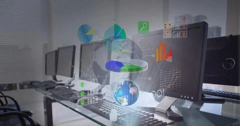 Composition of statistics and data processing on screen over computers in office Stock Illustration