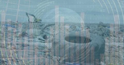 Composition of statistics and data processing over wasteland background Stock Photos