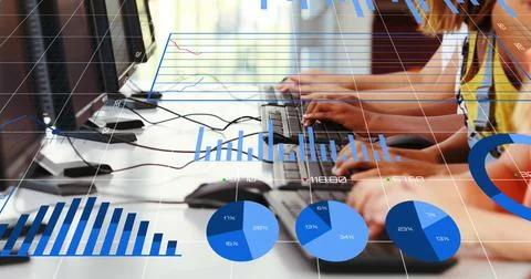 Composition of statistics and data processing over diverse people using Stock Photos
