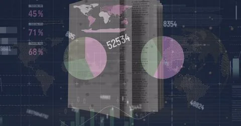 Composition of statistics, data processing with numbers over book Illustrazione stock