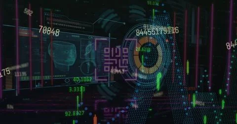 Composition of statistics, data processing with numbers over qr code Stockillustratie