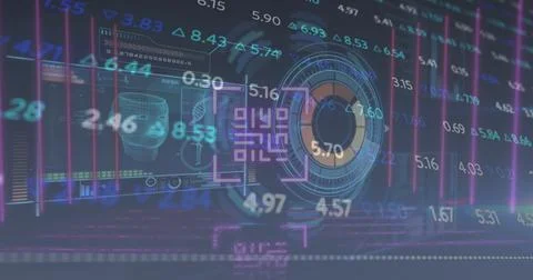 Composition of statistics, data processing with numbers over qr code Illustrazione stock