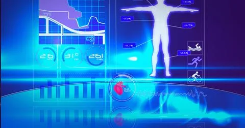 Composition of statistics, human body and medical data processing on screen Stock Illustration
