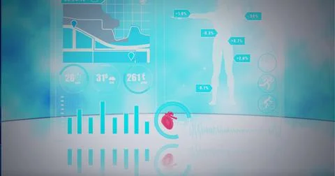Composition of statistics, human body and medical data processing on screen Stock Illustration