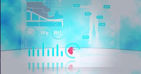 Composition of statistics, human body and medical data processing on screen Stock Illustration