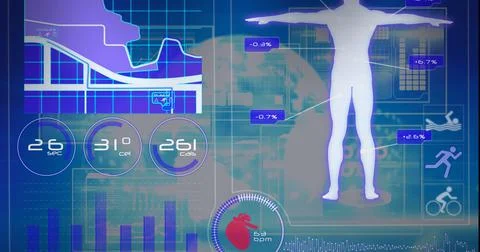 Composition of statistics, human body and medical data processing on screen over Stock Illustration
