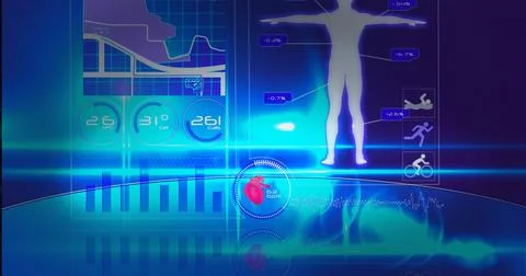 Composition of statistics, human body and medical data processing on screen Ilustração Stock
