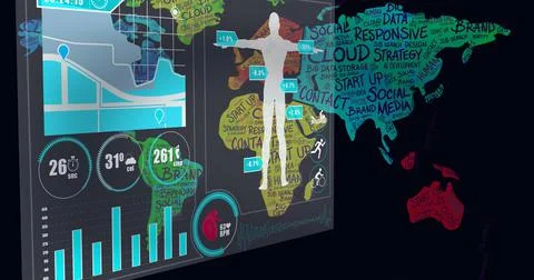 Composition of statistics, human body and medical data processing on screen over Stock Illustration