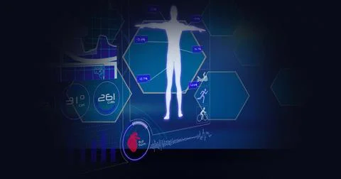 Composition of statistics, human body and medical data processing on screen Stock Illustration