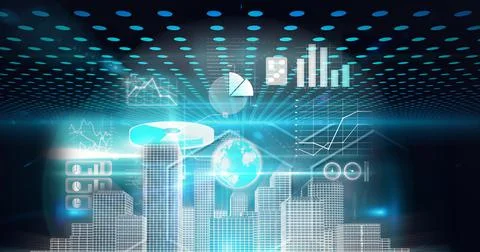 Composition of statistics processing over 3d cityscape on glowing background 库存插图