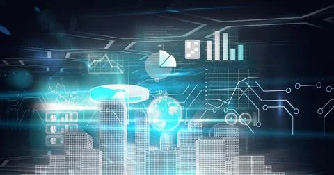 Composition of statistics processing over 3d cityscape on glowing background 库存插图
