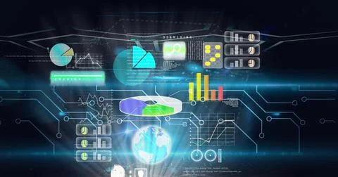 Composition of statistics processing over computer circuit board on glowing Stock Illustration