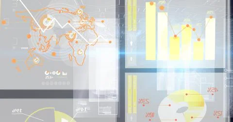 Composition of statistics processing over computer world map and screens Stock Illustration