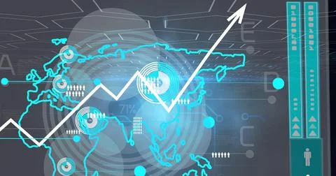 Composition of statistics processing over computer circuit board on glowing Stock Illustration