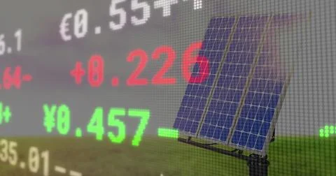 Composition of stock market over clouds and solar panels Ilustração Stock
