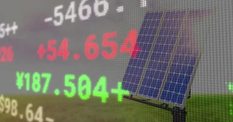 Composition of stock market over clouds and solar panels Ilustração Stock