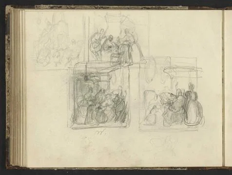 Composition studies with figures. Four drawings in frames, mainly from fig... Stock Photos