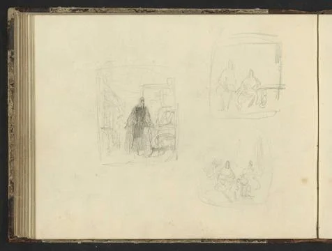 Composition studies with figures in interiors. Three drawings in frames. L... Foto stock