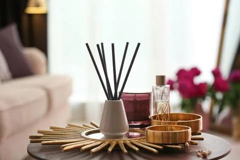 Composition with stylish accessories and interior elements on table indoors Foto stock