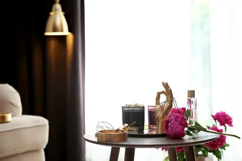 Composition with stylish accessories and interior elements on table indoors 库存照片