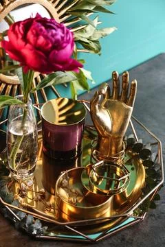Composition with stylish accessories and interior elements on table near turq 库存照片