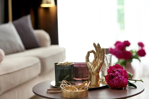 Composition with stylish accessories and interior elements on table indoors 스톡 사진