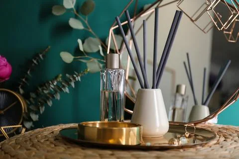 Composition with stylish accessories and interior elements on table near turq Stock Photos