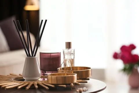 Composition with stylish accessories and interior elements on table indoors Stock Photos