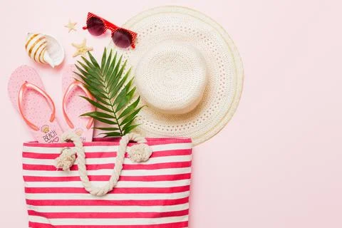 Composition with stylish beach accessories on colored background, top view... Stock Photos