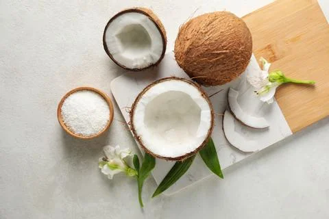 Composition for summer concept with coconut, top view Stock Photos
