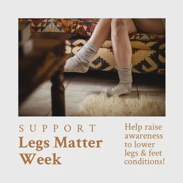 Composition of support legs matter week text with caucasian woman wearing socks Stock Photos