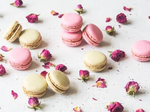 Composition of sweet macaron cookies and dry flowers on light background, Stock Photos
