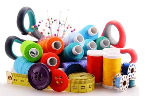 Composition with tailor threads isolated on white background Stock Photos