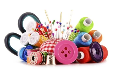 Composition with tailor threads isolated on white background Stock Photos
