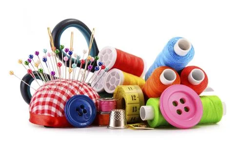 Composition with tailor threads isolated on white background Stock Photos