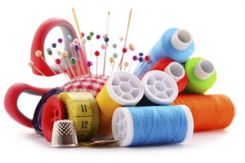 Composition with tailor threads isolated on white background 스톡 사진