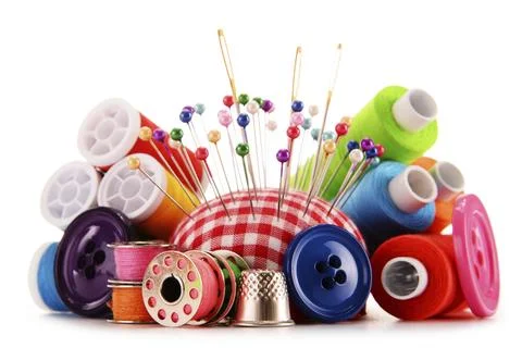 Composition with tailor threads isolated on white background 스톡 사진