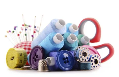 Composition with tailor threads isolated on white background Stock Photos