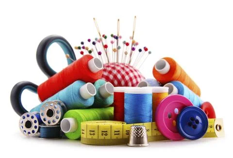 Composition with tailor threads isolated on white background Stock Photos