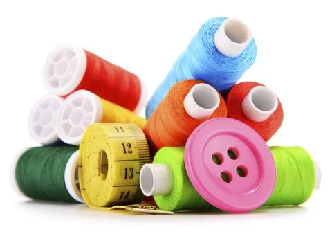 Composition with tailor threads isolated on white background Foto stock