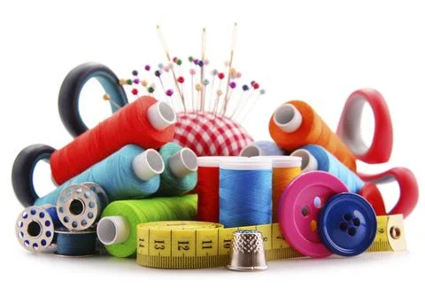 Composition with tailor threads isolated on white background Stock Photos