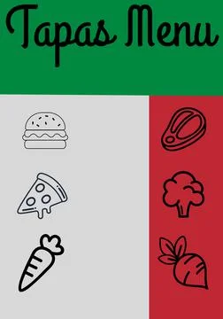 Composition of tapas menu text and fast food and vegetables icons on colourful Stock Illustration