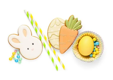 Composition with tasty Easter cookies and sprinkles isolated on white backgro Stock Photos